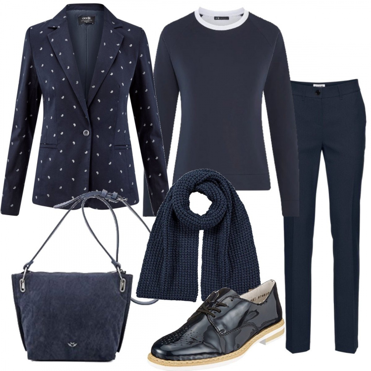 Outfit donna - Total blu. Stile Basic per Scuola/Università. Abbinamento con pantaloni, blazer collo con revers aderente blu, felpa manica raglan lunga con scollo aderente blu, scarpe stringate, borse a tracolla, sciarpe.