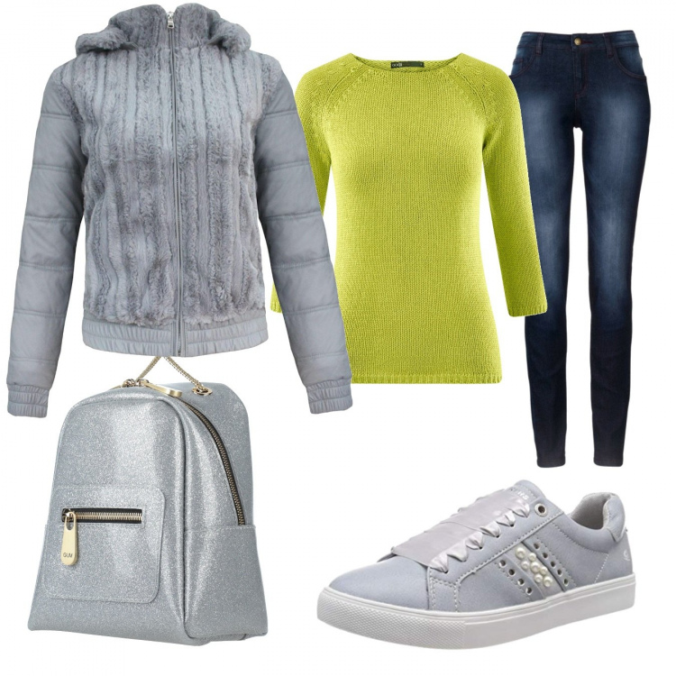 Outfit donna - Un tocco di giallo. Stile Basic per Scuola/Università. Abbinamento con jeans skinny, zaino, cappotti, maglione girocollo aderente verde, scarpe da ginnastica blu.