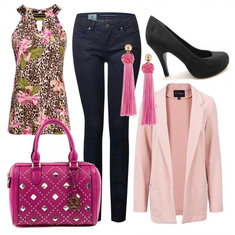 Outfit donna - Rosa shock. Stile Basic per Ufficio. Abbinamento con vestiti corti, top, orecchini, borsa a mano, jeans slim fit, scarpe col tacco con plateau nero.