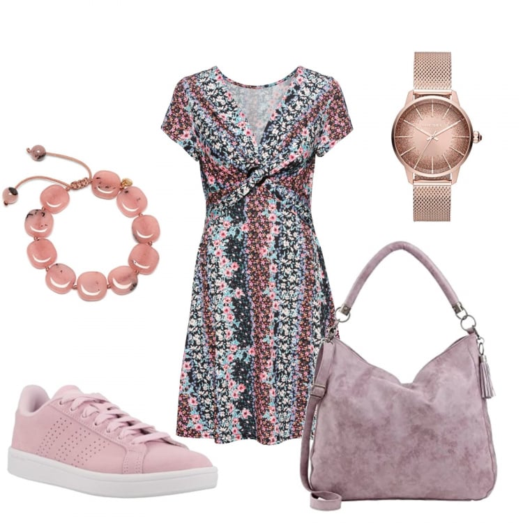 Outfit donna - Colori pastello. Stile Trendy per Tutti i giorni. Abbinamento con vestiti, scarpe rosa, shopping bag con zip viola, braccialetto, orologio analogico.