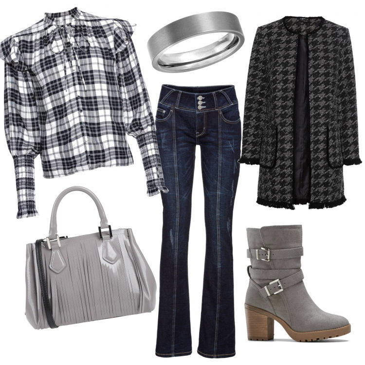 Outfit donna - Stile country!. Stile Trendy per Tutti i giorni. Abbinamento con jeans bootcut, camicia a quadri con laccetti e bottoni blu, stivaletti, blazer, borsa a mano.