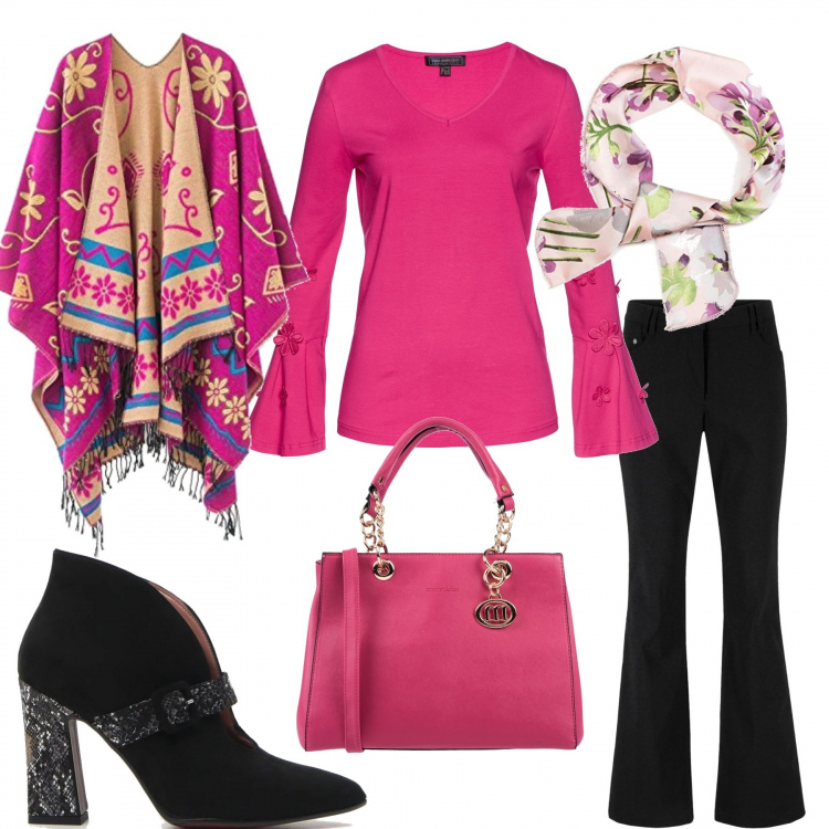 Outfit donna - Colori accesi. Stile Basic per Ufficio. Abbinamento con pantaloni, felpe, borsa a mano, poncio, stivaletti, foulard.