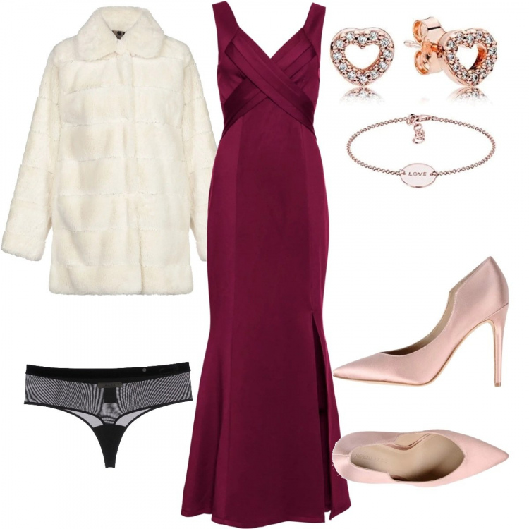 Outfit femme - On sort le grand jeu. Style Sexy pour Soirée dehors. Assortir avec robes longues, chaussures à talon, slips, strings et culottes in tulle, fausses fourrures, bracelets, bandeaux.