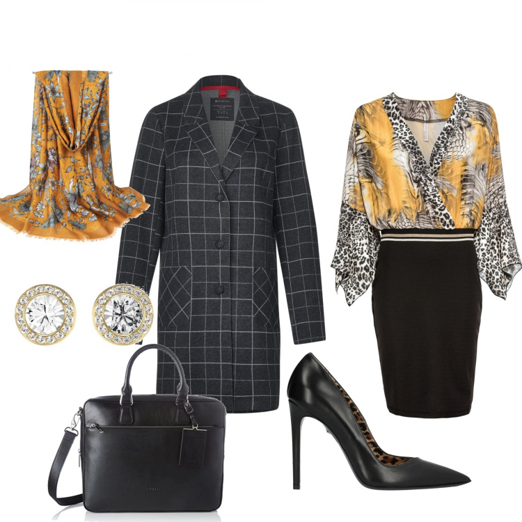 Outfit femme - Chic au travail. Style Bon Ton pour Bureau. Assortir avec robes, chaussures à talon, foulard wrap, sac en bandoulière, manteaux, bracelets.
