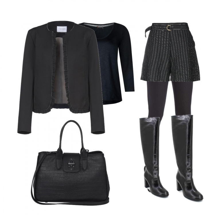 Outfit mujer - Chic monocromo. Estilo Chic para Oficina. Combinación con maglietta grigio, botas y anfibios, slip, borsa a tracolla, shorts, giacca nero.