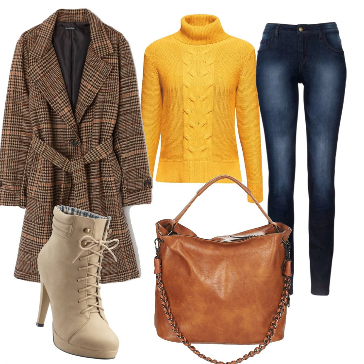 Outfit donna - Basic #3337. Stile Basic per Ufficio. Abbinamento con jeans skinny, stivaletti con plateau e tacco alto marrone, cappotto principe di galles con bottoni cammello, borsa a spalla, felpe.