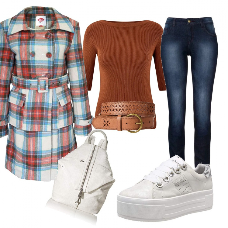 Outfit donna - Urban #2594. Stile Urban per Scuola/Università. Abbinamento con jeans skinny, cinture, scarpa sportiva, maglia a coste con scollo marrone, cappotti, zaini.