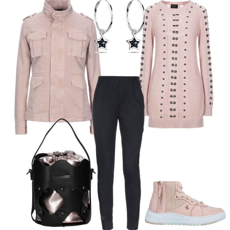 Outfit donna - Io & il mio Look preferito. Stile Urban per Tutti i giorni. Abbinamento con pullovers, giacche, sneakers alte, leggings, borsa a tracolla nero, orecchini.