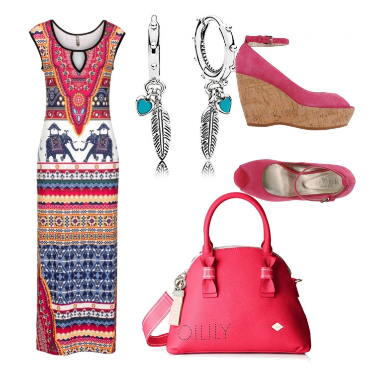 Outfit donna - W i colori. Stile Etnico per Tutti i giorni. Abbinamento con vestiti lunghi, décolleté, borsa a mano cartella rosa, orecchini.