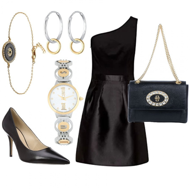 Outfit mujer - Amor a mí misma. Estilo Chic para Noche/Fiesta elegante. Combinación con vestidos, zapatos de tacón, pendientes, orologio, borsa a tracolla mini con strass, pulseras.