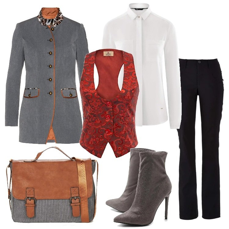 Outfit donna - Un gilè per l\'ufficio. Stile Trendy per Ufficio. Abbinamento con pantaloni, blazer, stivaletti, borsa a tracolla, gilet, camicie.