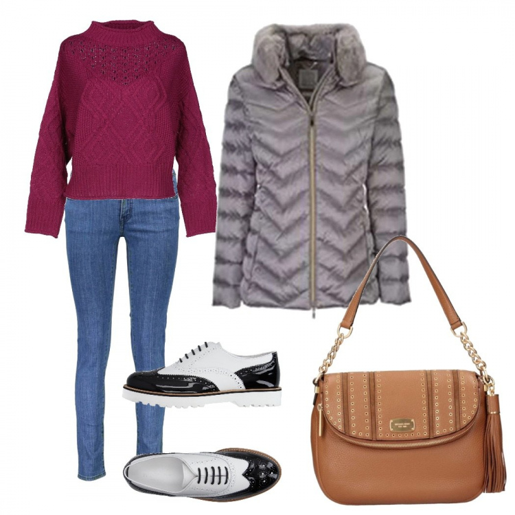 Outfit donna - Basic, tempo libero. Stile Basic per Tutti i giorni. Abbinamento con scarpe stringate, pullovers, giubbotto grigio, borse a tracolla, jeans slim fit blu.