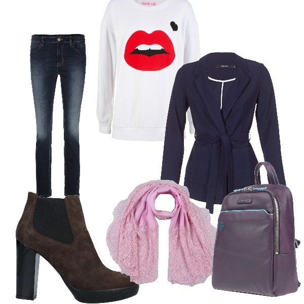 Outfit donna - Basic #3394. Stile Basic per Tutti i giorni. Abbinamento con pantaloni a palazzo, stivaletti, zaino, sciarpe, giacche, jeans skinny sport multicolore.
