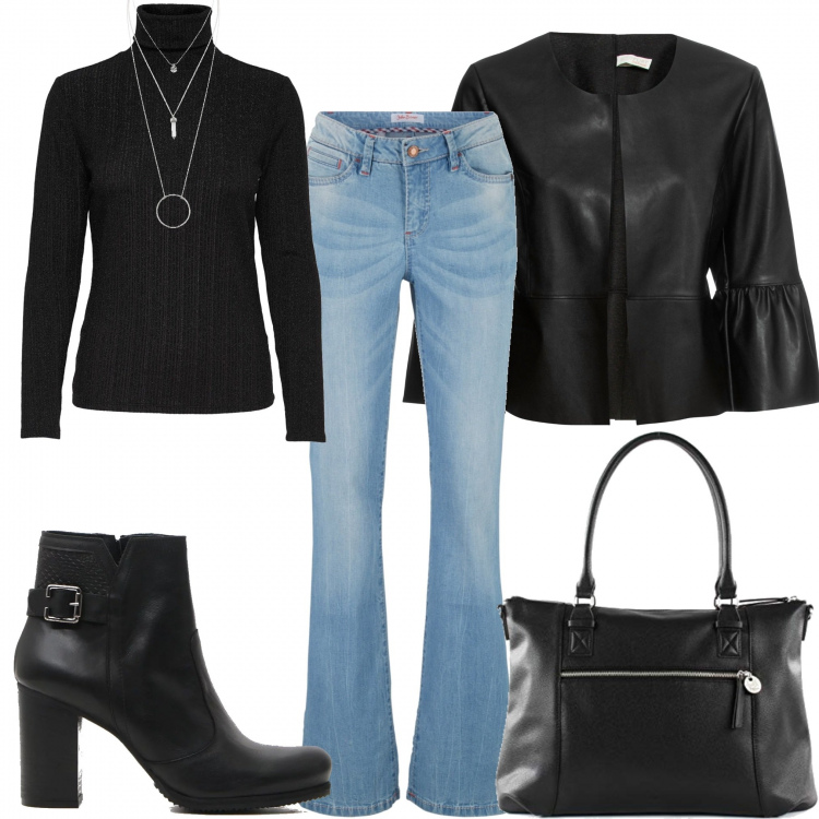 Outfit donna - Chic #3101. Stile Chic per Ufficio. Abbinamento con jeans bootcut, ciondoli, blazer, maglioni, borsa a mano nero, stivaletti.