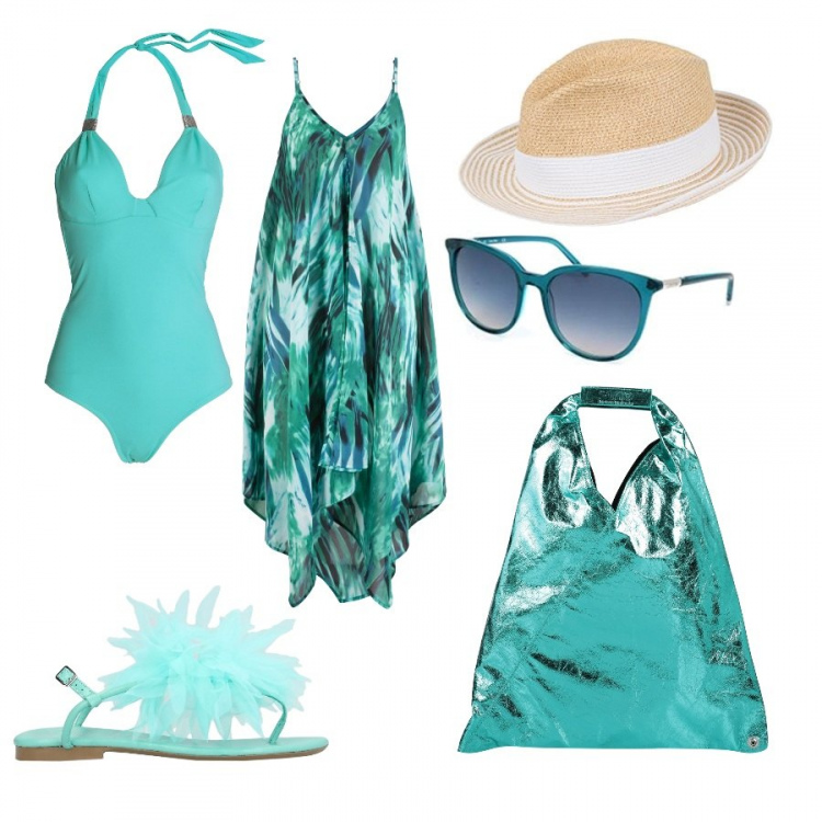 Outfit donna - Aperitivo ai Caraibi curvystyle. Stile Trendy per Mare. Abbinamento con vestiti da spiaggia, costumi interi, borse a mano, infradito, occhiali da sole turchese, cappelli.