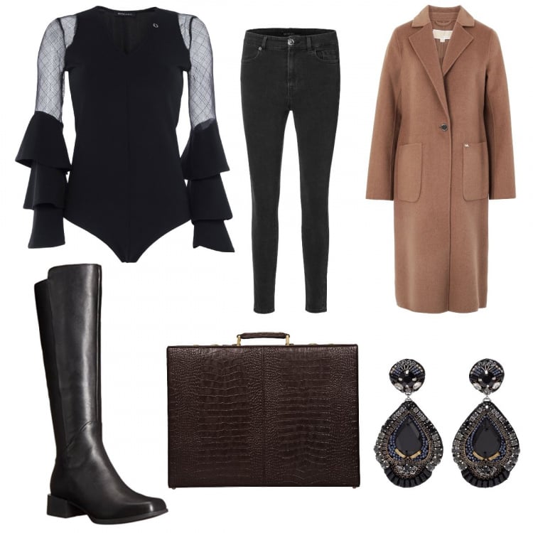 Outfit mujer - Total look #431460. Combinación con botas y anfibios nero, vaqueros pitillo, shopping bag, cappotto, top, pendientes.