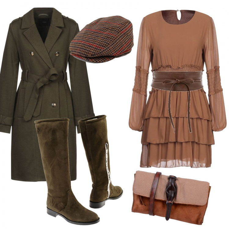 Outfit mujer - Tierra. Estilo Trendy para Todos los días. Combinación con cinturones, sombreros o gorros con visera, vestidos cortos, botas, cappotto, borsa a tracolla mini multicolore.