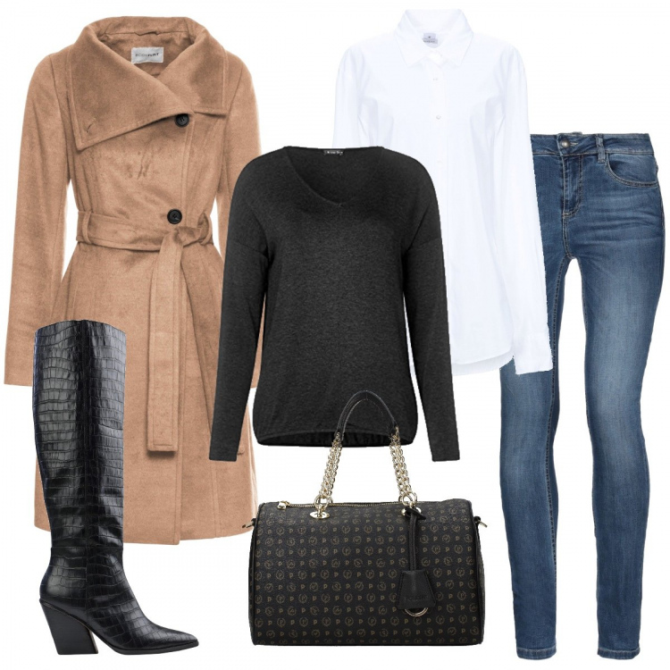Outfit donna - Cappotto beige e stivali in cocco. Stile Trendy per Ufficio. Abbinamento con cappotti, jeans, stivali, camicia, borsa a mano con manico nero, t-shirt.