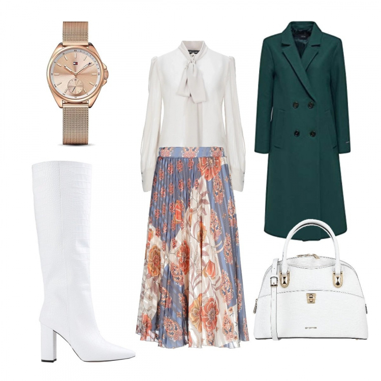 Outfit mujer - Green time. Estilo Chic para Oficina. Combinación con abrigos, orologio in oro rosa, falda longuette, borsa a tracolla in pelle, botas, blusa.
