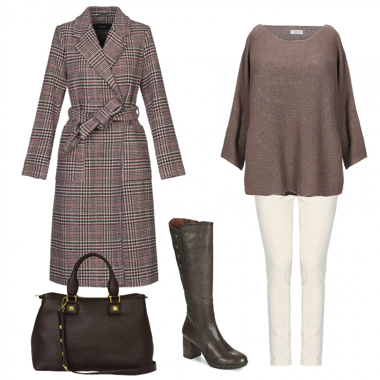 Outfit mujer - Con botas. Estilo Trendy para Todos los días. Combinación con botas, borsa a mano, pullover, pantalones, cappotto.