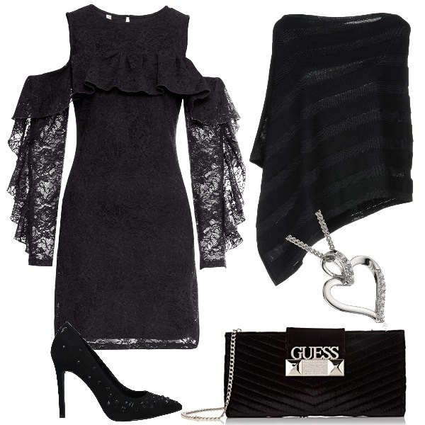 Outfit donna - Mantella di sera. Stile Sexy per Serata fuori. Abbinamento con vestiti, mantella, décolleté, clutch nero, beauty case.