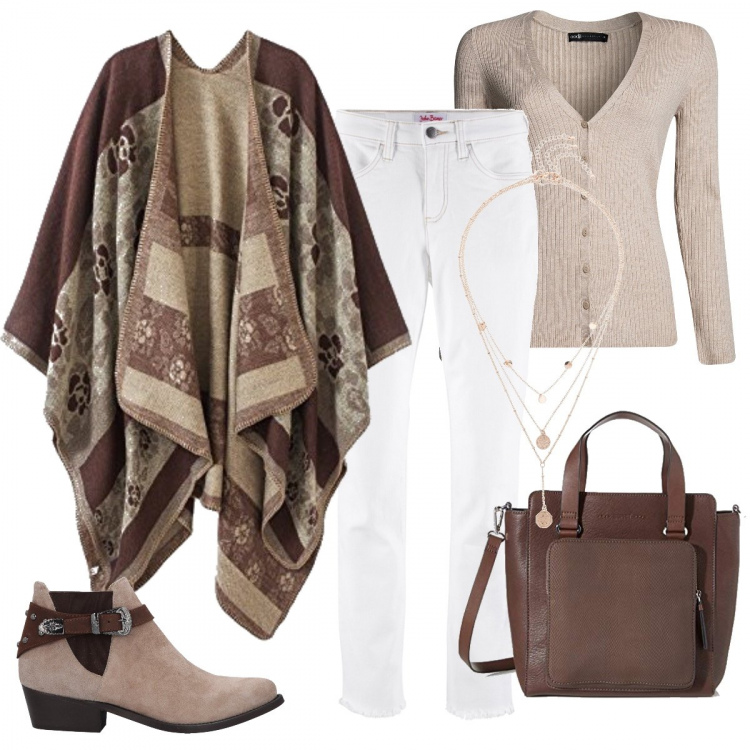 Outfit donna - La calda mantella marrone e beige. Stile Trendy per Tutti i giorni. Abbinamento con ciondoli, jeans, stivaletti effetto scamosciato con cubano e cinturino a punta tinta unita, cardigan, poncio lavorato a maglia, borse a mano.