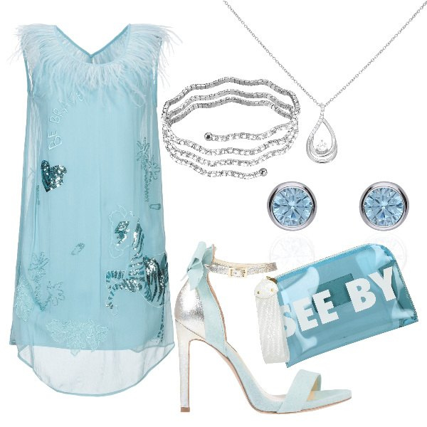 Outfit donna - Serata ai Tropici. Stile Sexy per Serata fuori. Abbinamento con vestito corto, sandali col tacco, pochette, orecchini argento, collana a goccia con ciondolo girocollo argento, bracciale.