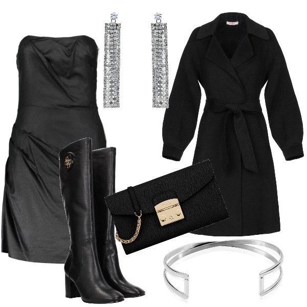 Outfit donna - Sexy #907. Stile Sexy per Serata fuori. Abbinamento con soprabito, borse a mano, stivali, vestiti corti, bracciale, orecchini pendenti con strass argento.