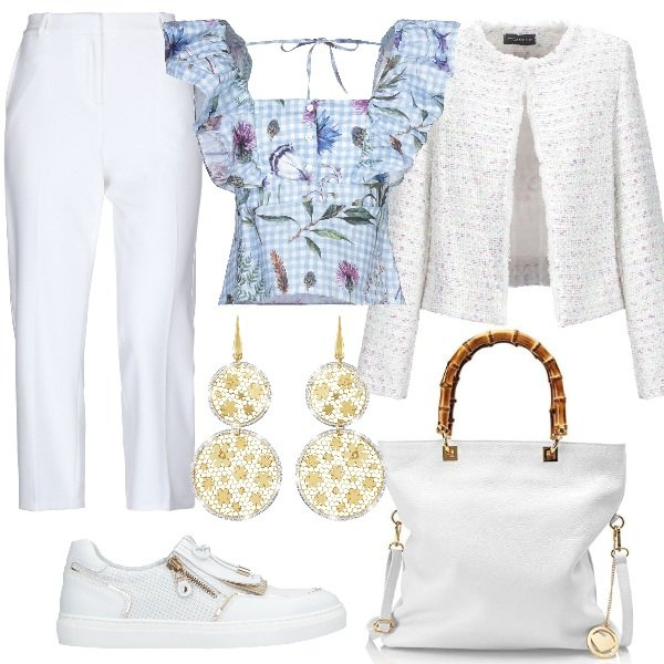 Outfit donna - In crociera. Stile Chic per Mare. Abbinamento con sneakers, giacca, top, pantaloni, borse a mano, orecchini.