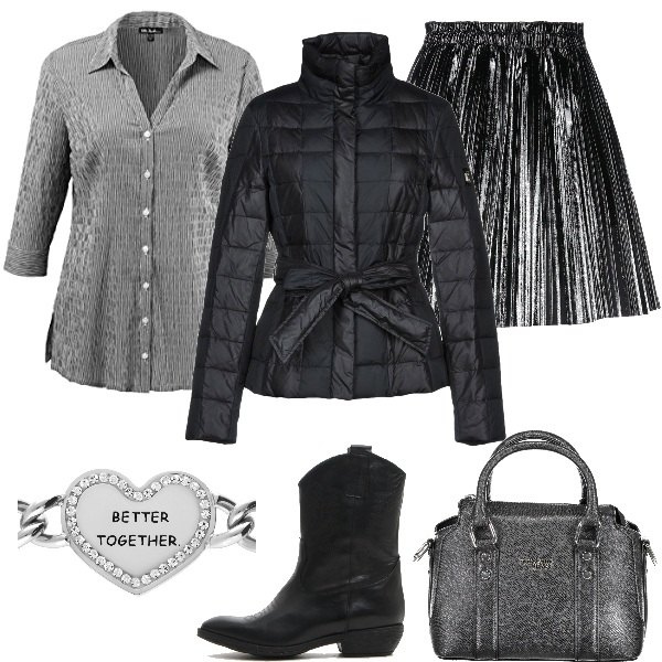 Outfit donna - Cappotto e stivali. Stile Trendy per Ufficio. Abbinamento con giubbotto in tessuto tecnico, gonna, borsa a mano, camicie, stivaletti, bracciale.