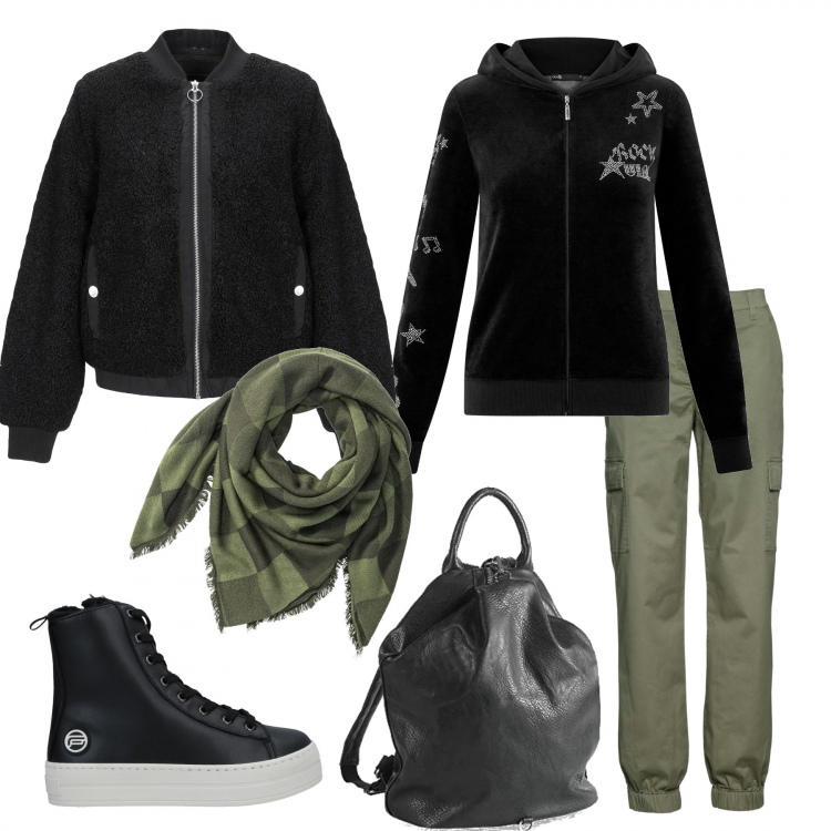 Outfit donna - Oggi sono in ferie#curvy. Stile Urban per Tutti i giorni. Abbinamento con pantaloni cargo, foulard, sneakers alte, giubbotto, felpe con cappuccio, borsa zainetto con manico e zip nero.