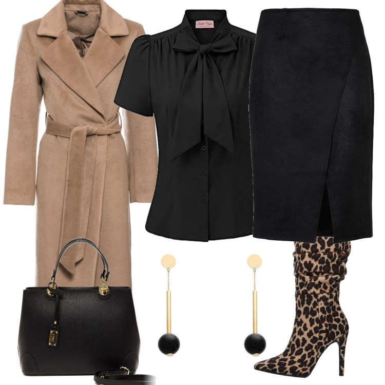 Outfit donna - Elegante in ufficio. Stile Chic per Ufficio. Abbinamento con cappotti, gonna longuette, stivali, orecchini, top, borsa.