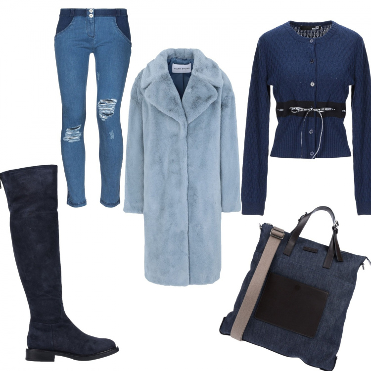 Outfit donna - Urban #2696. Stile Urban per Tutti i giorni. Abbinamento con cardigan, borsa a mano, ecopelliccia, stivali, jeggings.