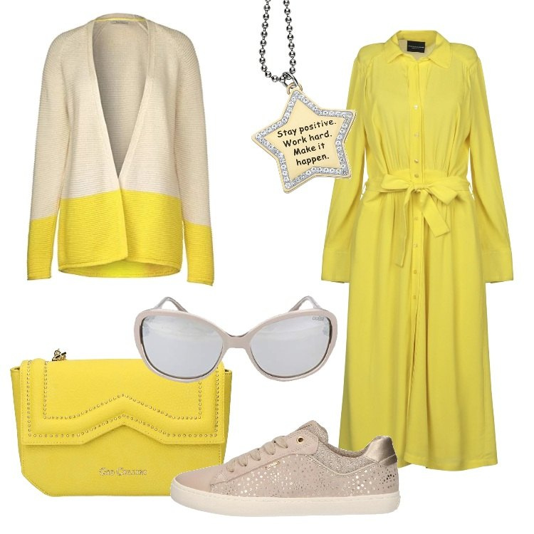 Outfit donna - La luce del giallo sul lungomare. Stile Basic per Mare. Abbinamento con vestiti midi/longuette, borsa a spalla, sneakers, cardigans, collana girocollo oro, occhiali da sole.