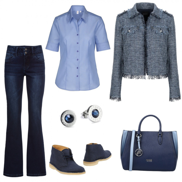 Outfit donna - Oggi in blue. Stile Basic per Tutti i giorni. Abbinamento con jeans bootcut, giacca monospalla tweed con frange collo con revers interno foderato senza tasche tinta unita, borsa a mano taglia media con zip interno foderato in pelle sintetica tinta unita, stivaletti con punta tonda tinta unita, camicie, orecchini.