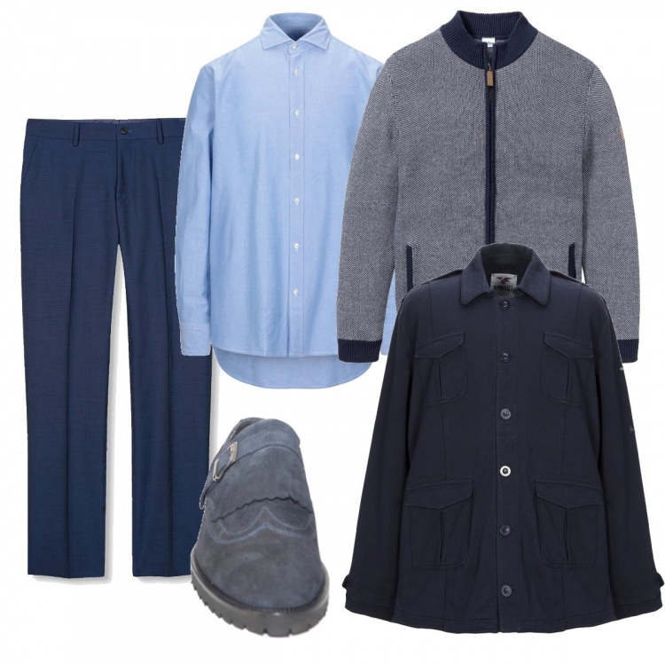 Outfit uomo - Qualche chilo in più. Stile Business/Elegante per Ufficio. Abbinamento con cardigans, camicia, cappotti, scarpa, pantaloni.