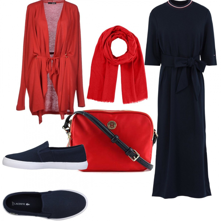Outfit donna - Un abito per le vacanze al mare al ... Stile Urban per Mare. Abbinamento con vestito longuette/midi, cardigans, sneakers, borse a tracolla, sciarpa.