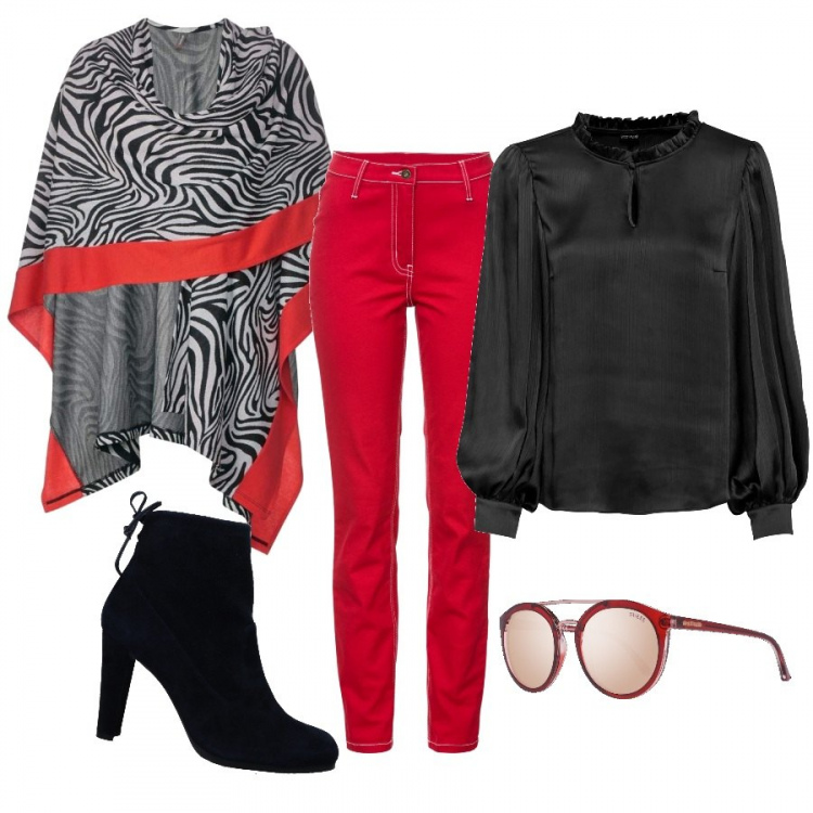 Outfit donna - A pranzo fuori. Stile Trendy per Ufficio. Abbinamento con pantaloni, vestiti, stivaletti effetto scamosciato con tacco squadrato e laccetti con punta tonda tinta unita, cappe, occhiali da sole.