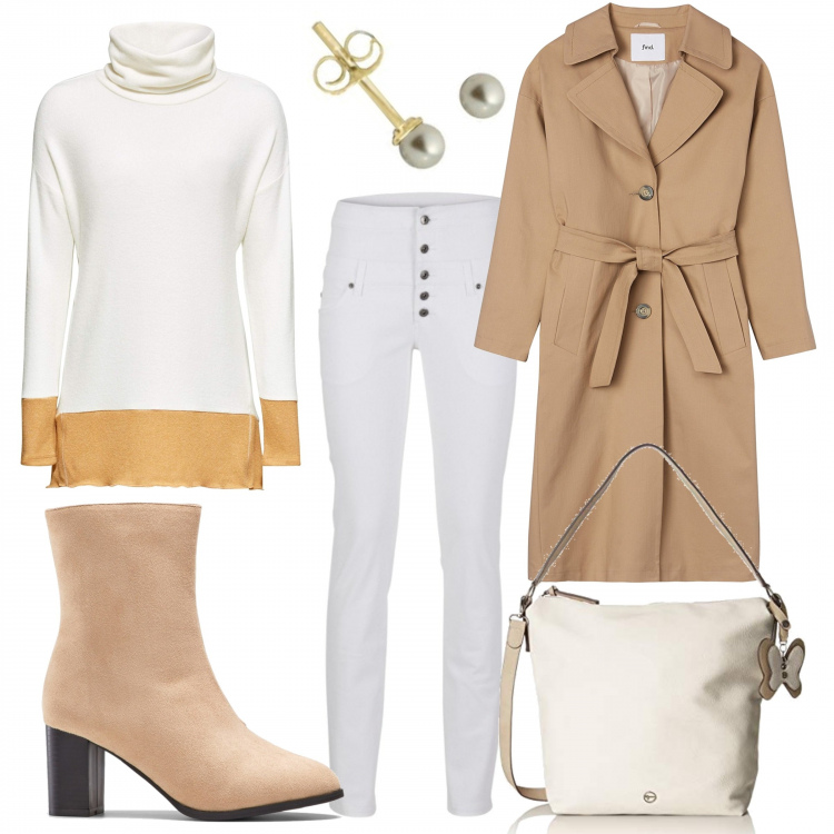 Outfit donna - Cappotto e stivali. Stile Trendy per Tutti i giorni. Abbinamento con stivaletti con zip beige, pantaloni skinny, trench, pullovers, borsa a spalla, orecchini.