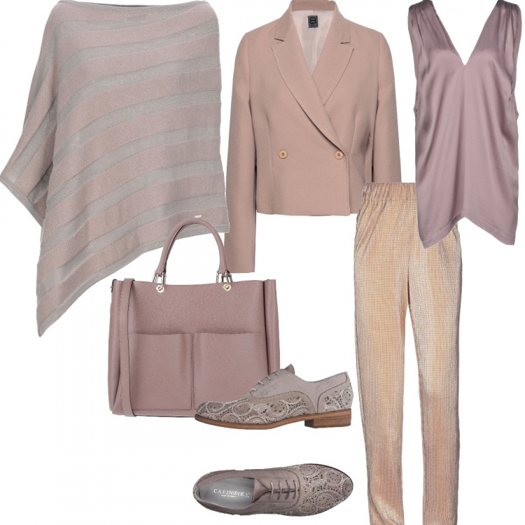 Outfit donna - Mantelle e Cappe. Stile Bon Ton per Serata fuori. Abbinamento con mantella, scarpe stringate, top, pantalone lungo, blazer, borsa a mano.