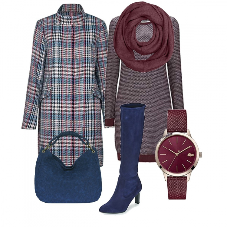 Outfit mujer - Abrigo y botas. Estilo Trendy para Oficina. Combinación con vestito bordeaux e rosso, cappotto, sciarpa, reloj analógico, botas, borsa a mano.