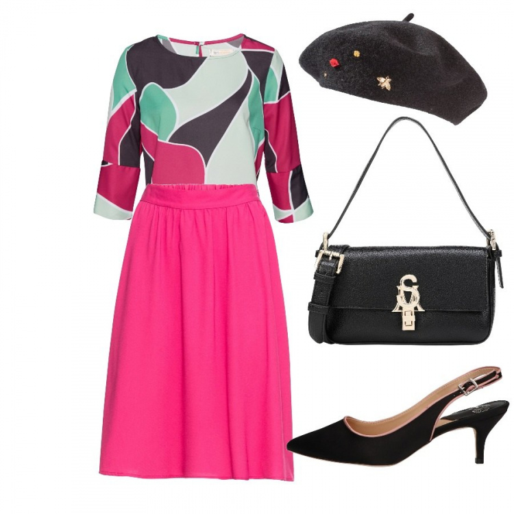 Outfit donna - Basic #3479. Stile Basic per Tutti i giorni. Abbinamento con cappelli e berretti, gonna fucsia, tunica, borsa a mano mini con manico a scatto interno foderato tinta unita, scarpe col tacco.