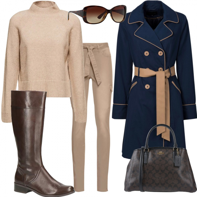 Outfit donna - Trendy #5685. Stile Trendy per Ufficio. Abbinamento con trench, pantaloni cargo, borsa a mano fantasia taglia media doppio manico interno foderato in pelle sintetica con tracolla removibile, occhiali da sole, felpe, stivali.
