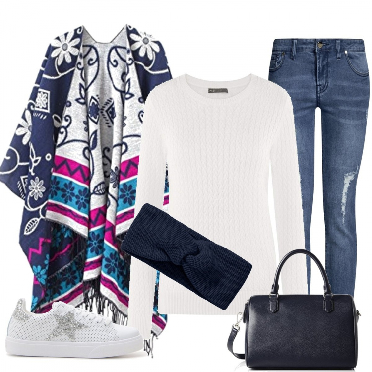 Outfit donna - La mantella a fantasia. Stile Trendy per Tutti i giorni. Abbinamento con sciarpa copricapo con fasce in in maglia blu, maglione, jeans strappati, poncio, sneakers, borse a mano.