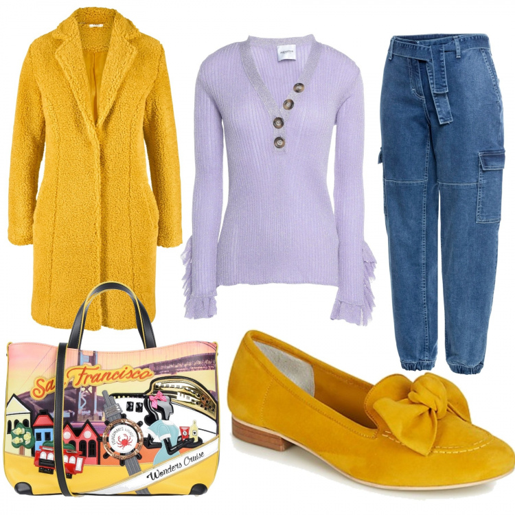 Outfit donna - W le scarpe basse. Stile Trendy per Tutti i giorni. Abbinamento con borse a mano, pullover, shopping bag, cappotti, ballerine in velluto giallo.