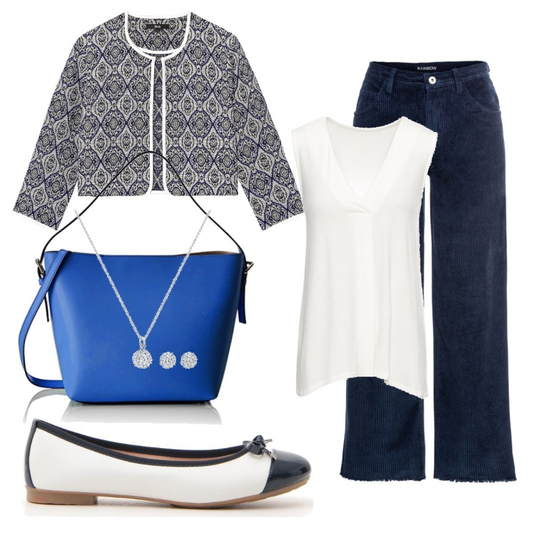 Outfit donna - Ufficio. Stile Basic per Ufficio. Abbinamento con top, pantalone lungo, blazer, ballerine, orecchini, borse a spalla.