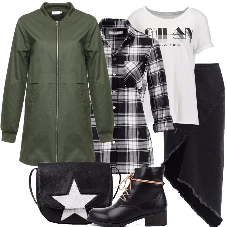 Outfit donna - Giacca bomber lunga. Stile Urban per Tutti i giorni. Abbinamento con camicie, vestiti midi/longuette.