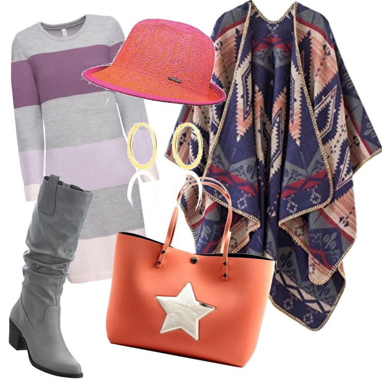 Outfit donna - A passeggio. Stile Urban per Tutti i giorni. Abbinamento con vestito con fasce in in maglia con tasche viola, stivali, shopping bag arancione, cappelli, poncio lavorato a maglia, orecchini in oro giallo.