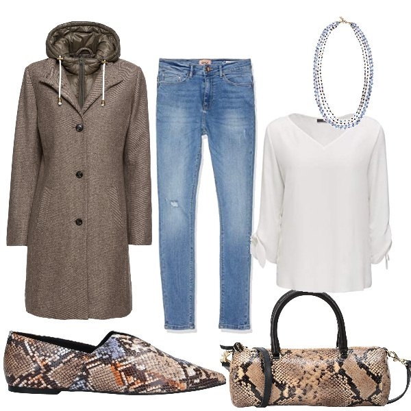 Outfit donna - Comode per lo shopping. Stile Basic per Tutti i giorni. Abbinamento con cappotti, mocassini, borse a mano, collana blu, camicie, jeans skinny.