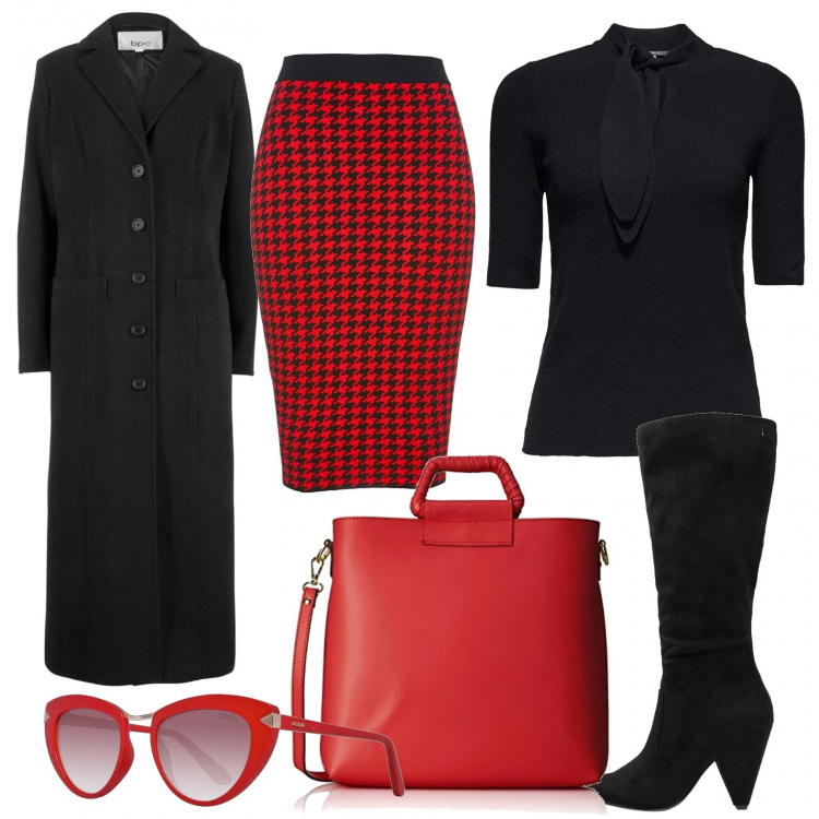 Outfit donna - Trendy #5848. Stile Trendy per Ufficio. Abbinamento con cappotti, gonne, stivali, felpe, borse a spalla, occhiali da sole rosso.